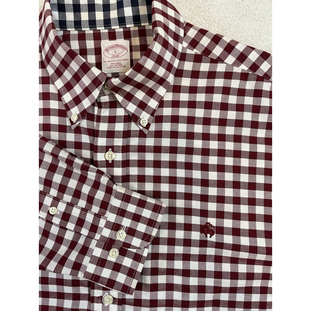 Brooks Brothers 346 Men's L Buffalo Check Long Sleeve Oxford Logo 100% Cotton‎